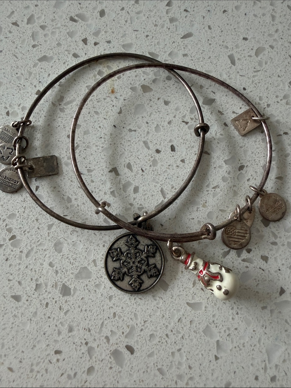 Alex and Ani Silver Tone Charm Bangle Set with White and Red Snowman Charm